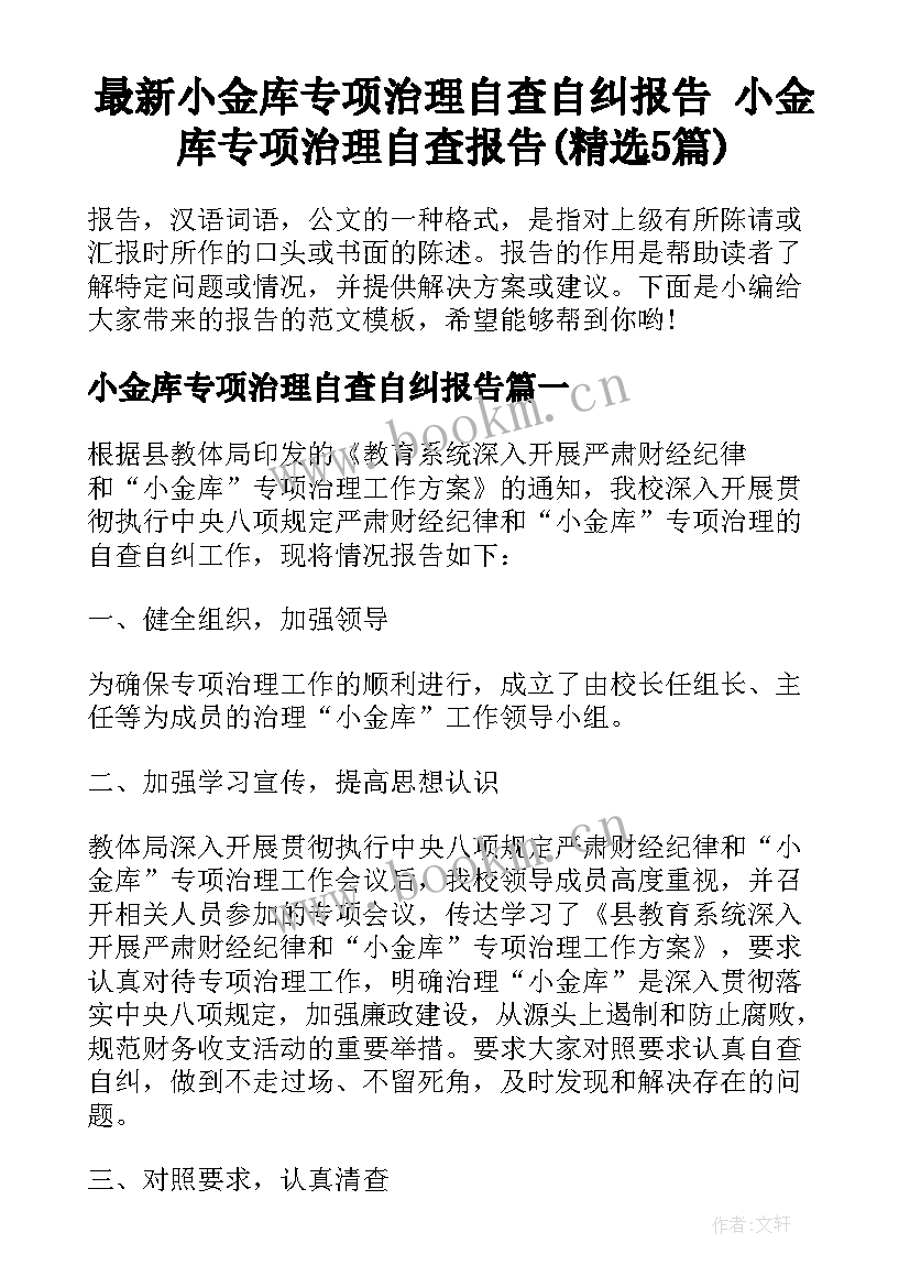 最新小金库专项治理自查自纠报告 小金库专项治理自查报告(精选5篇)