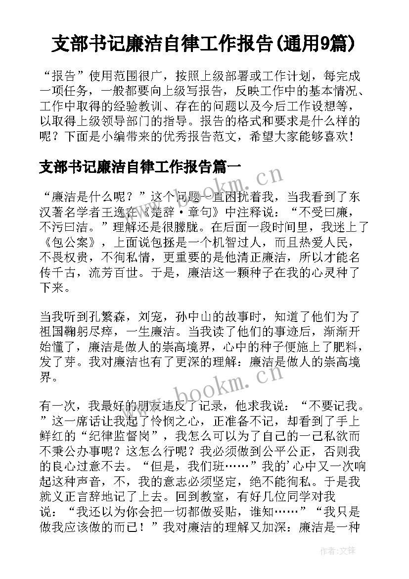 支部书记廉洁自律工作报告(通用9篇)