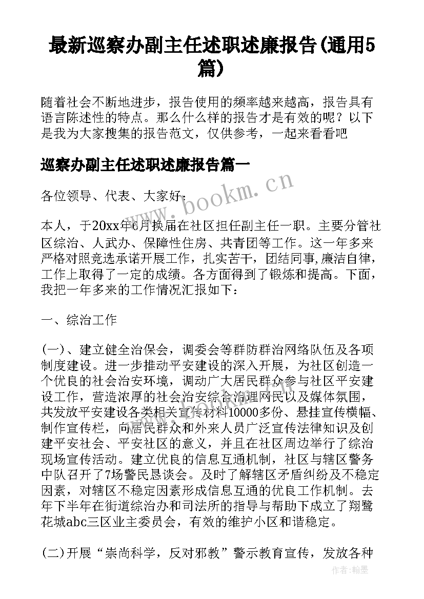 最新巡察办副主任述职述廉报告(通用5篇)