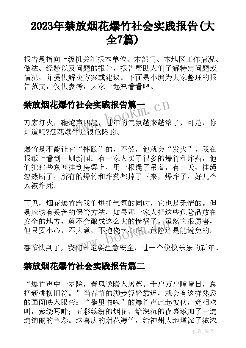 2023年禁放烟花爆竹社会实践报告(大全7篇)