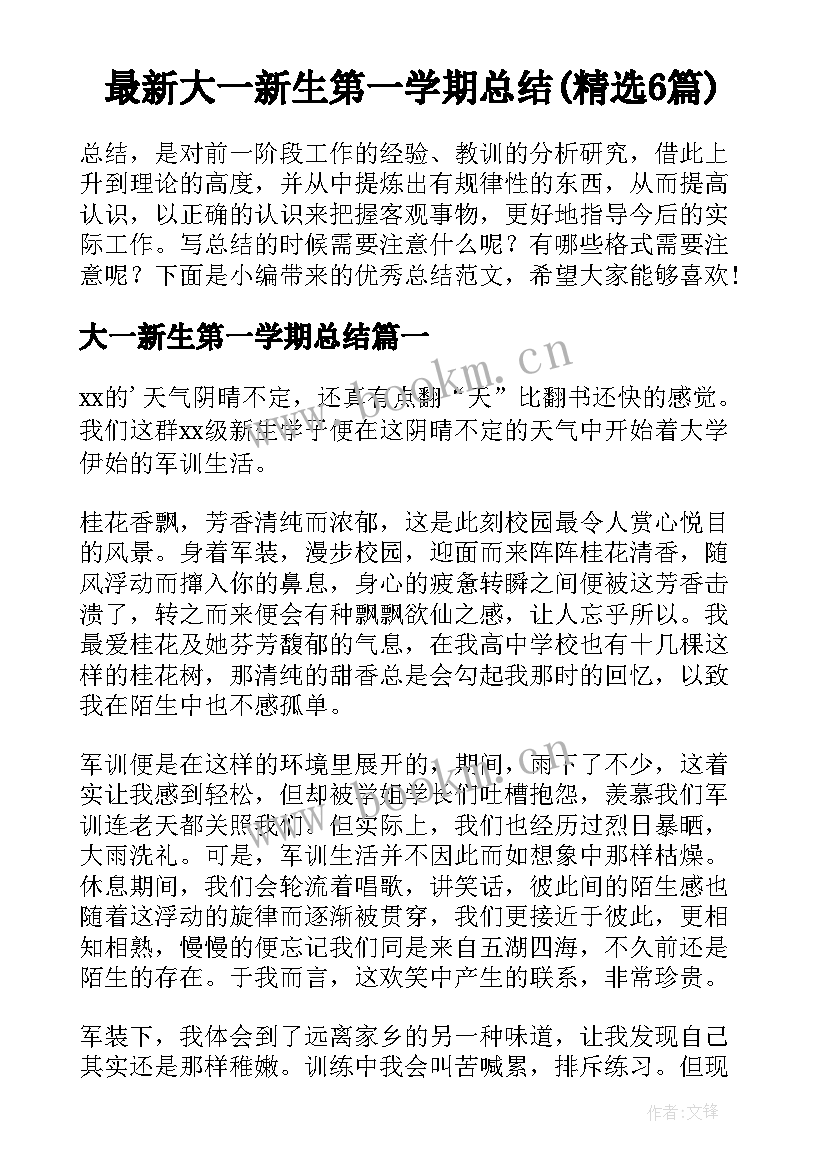 最新大一新生第一学期总结(精选6篇)