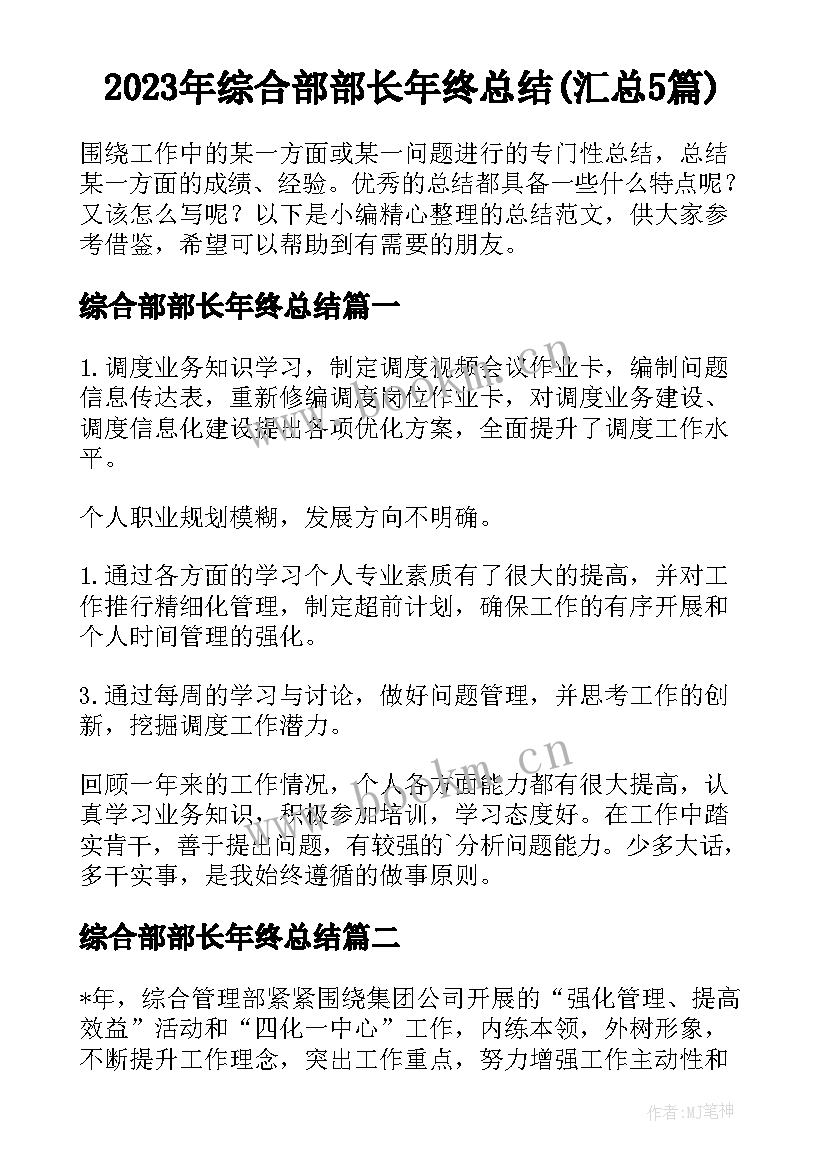 2023年综合部部长年终总结(汇总5篇)