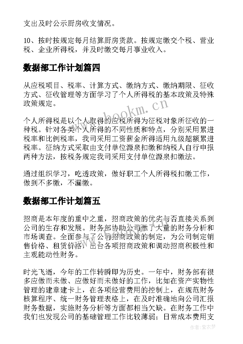 最新数据部工作计划(精选5篇)