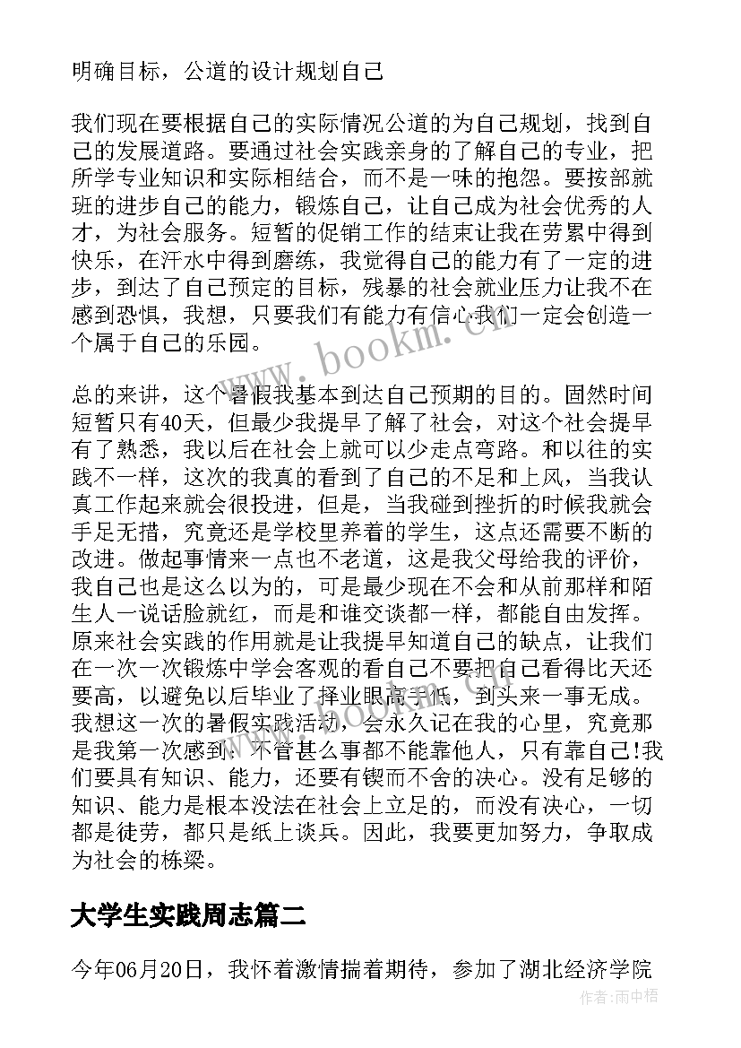 2023年大学生实践周志 大学生社会实践报告内容摘要(汇总5篇)