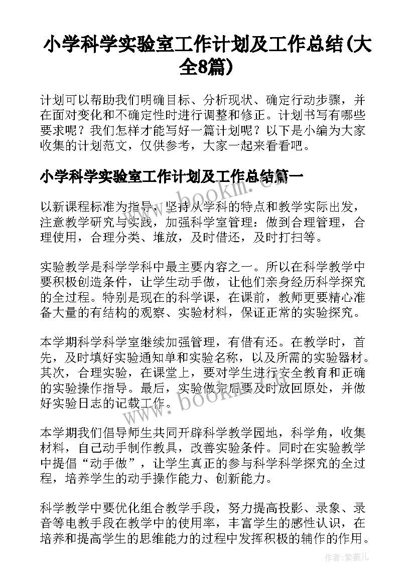 小学科学实验室工作计划及工作总结(大全8篇)