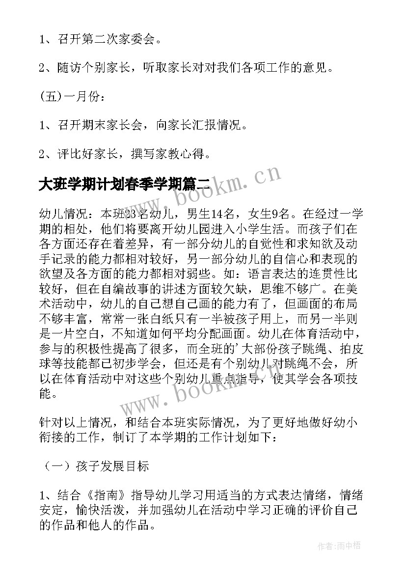 最新大班学期计划春季学期(实用6篇)