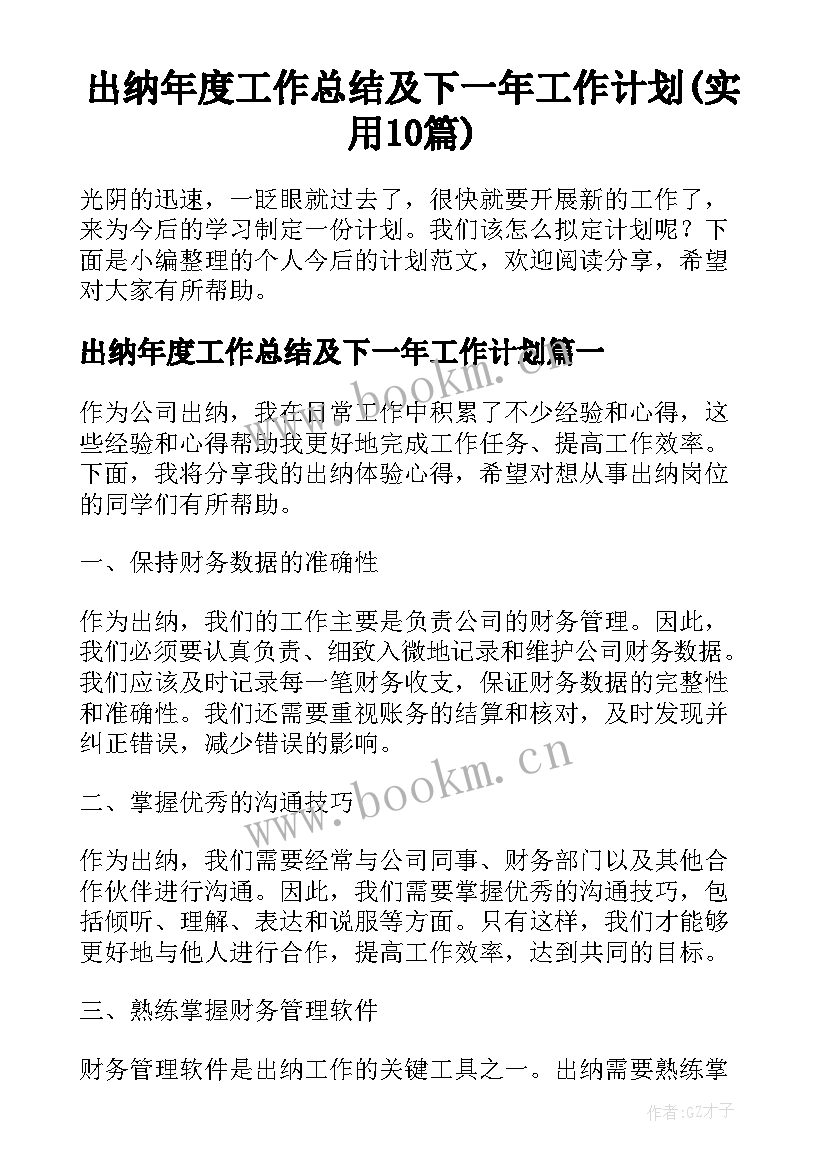 出纳年度工作总结及下一年工作计划(实用10篇)