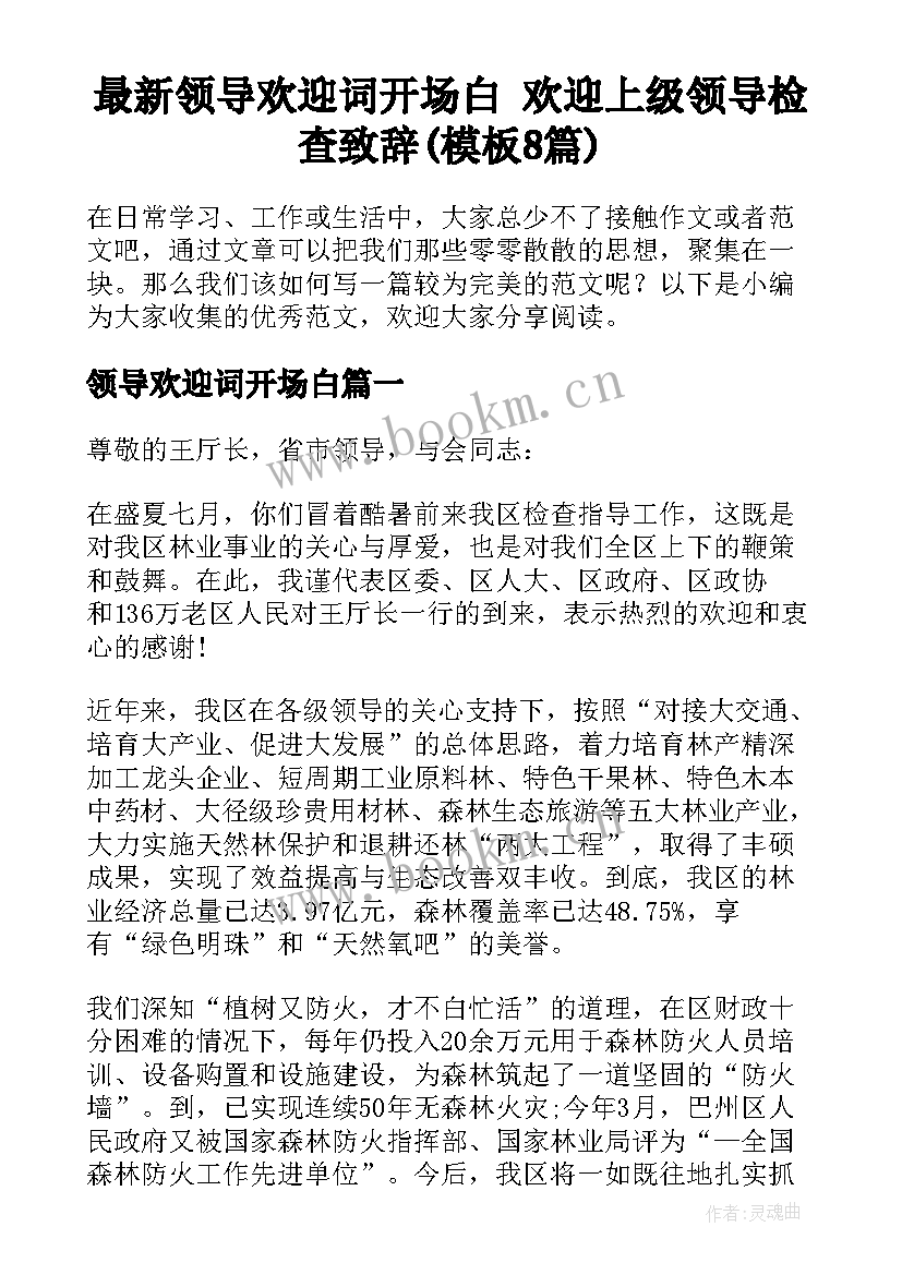 最新领导欢迎词开场白 欢迎上级领导检查致辞(模板8篇)