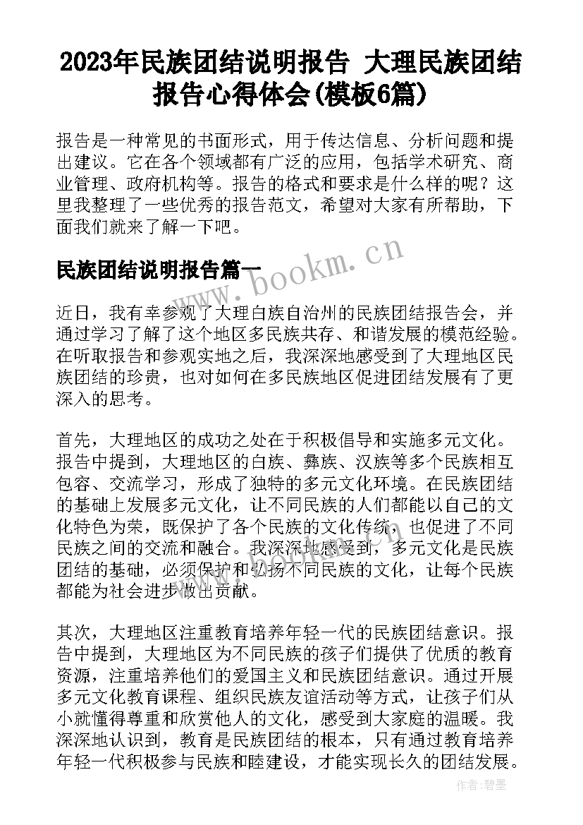 2023年民族团结说明报告 大理民族团结报告心得体会(模板6篇)