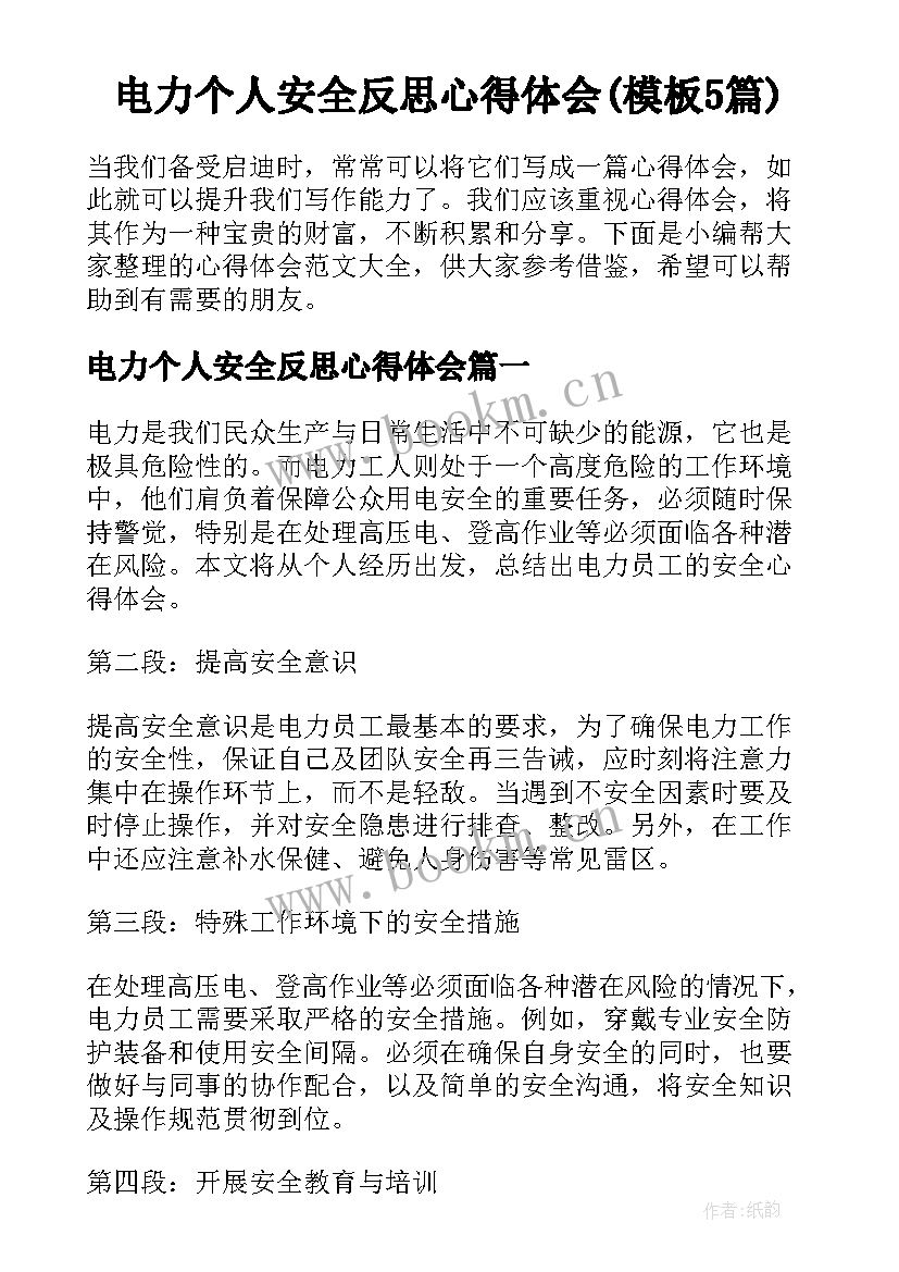 电力个人安全反思心得体会(模板5篇)