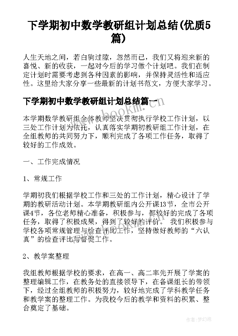 下学期初中数学教研组计划总结(优质5篇)