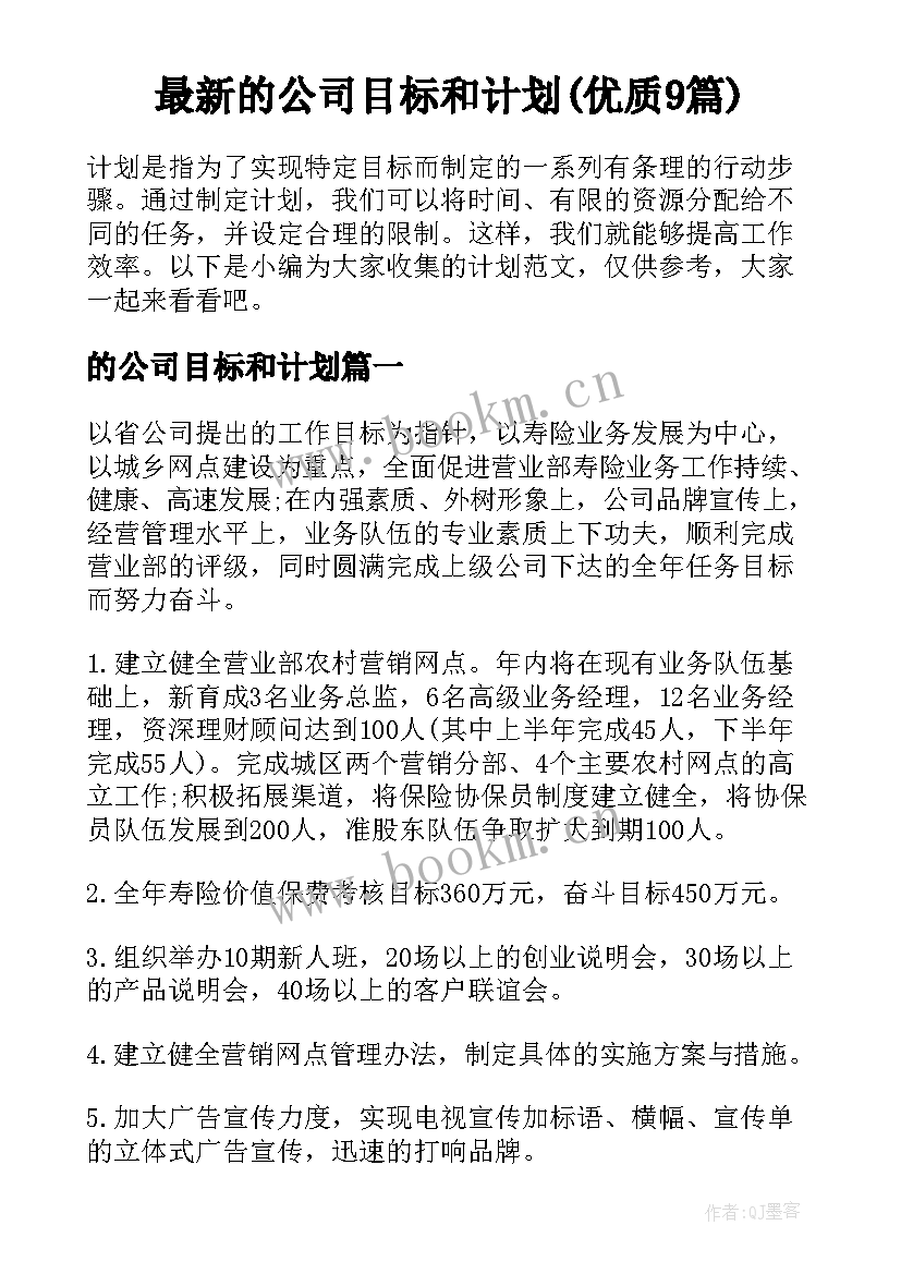 最新的公司目标和计划(优质9篇)