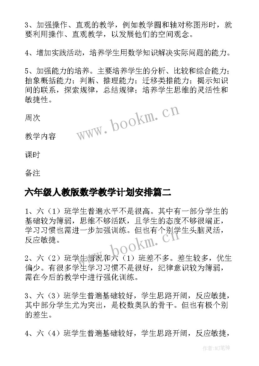 2023年六年级人教版数学教学计划安排 六年级数学教学计划(优秀10篇)