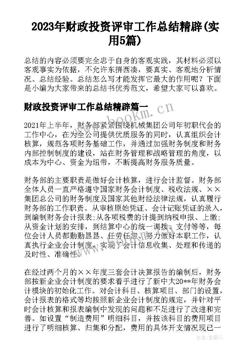 2023年财政投资评审工作总结精辟(实用5篇)