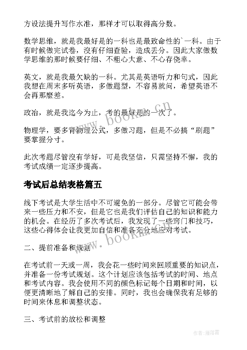 考试后总结表格 考试总结大会心得体会(优质9篇)