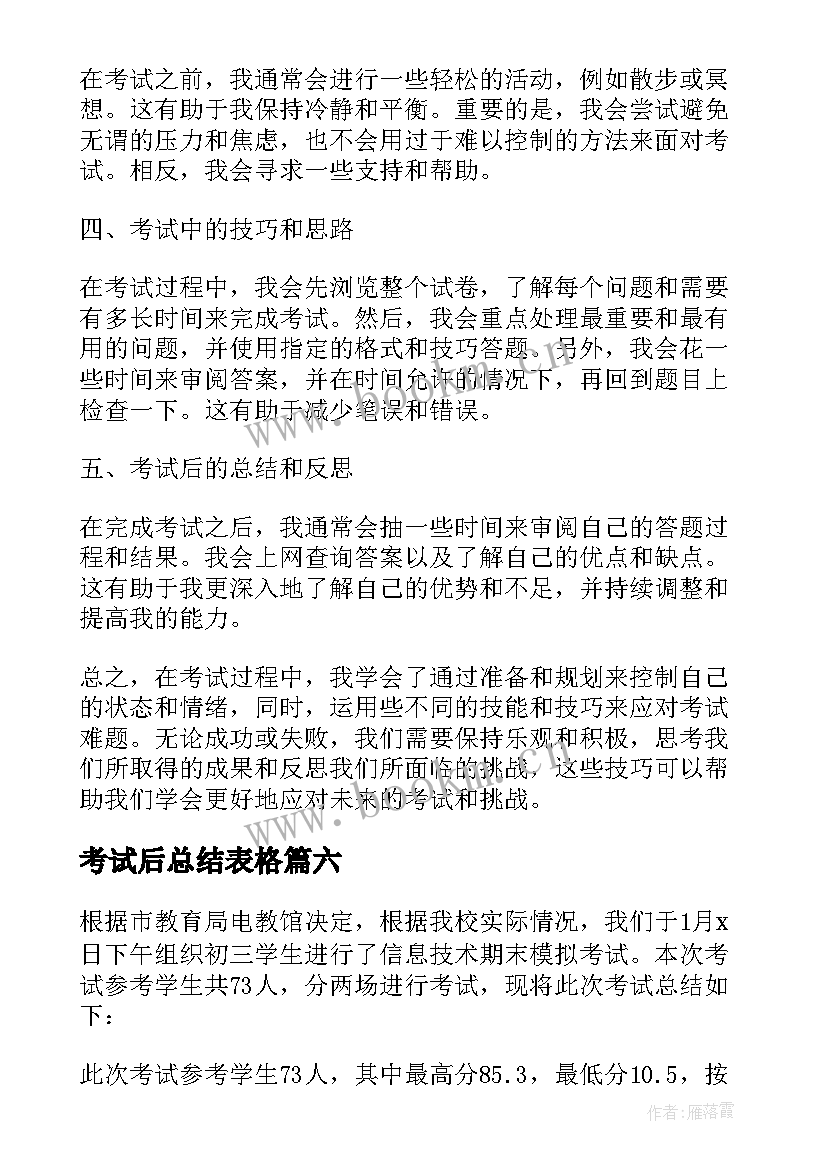 考试后总结表格 考试总结大会心得体会(优质9篇)