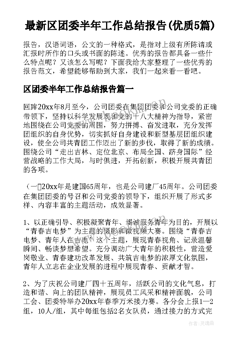 最新区团委半年工作总结报告(优质5篇)