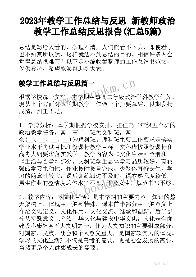 2023年教学工作总结与反思 新教师政治教学工作总结反思报告(汇总5篇)