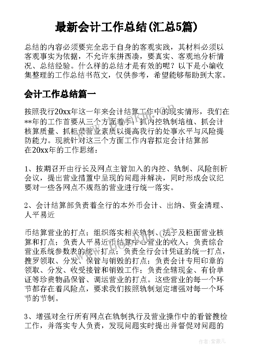 最新会计工作总结(汇总5篇)