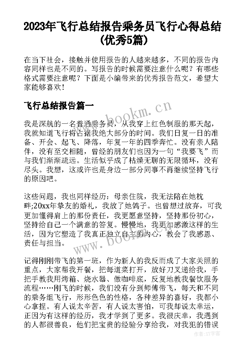 2023年飞行总结报告 乘务员飞行心得总结(优秀5篇)