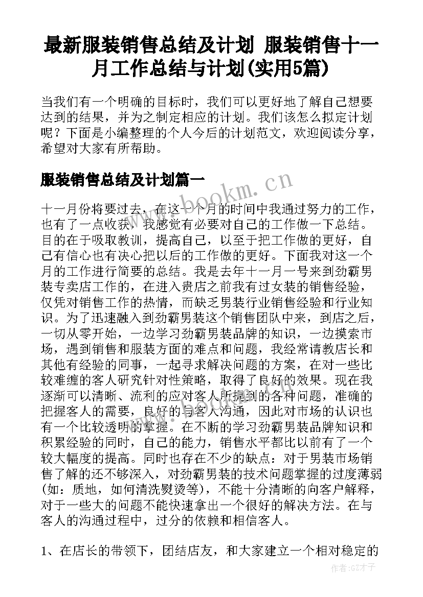 最新服装销售总结及计划 服装销售十一月工作总结与计划(实用5篇)