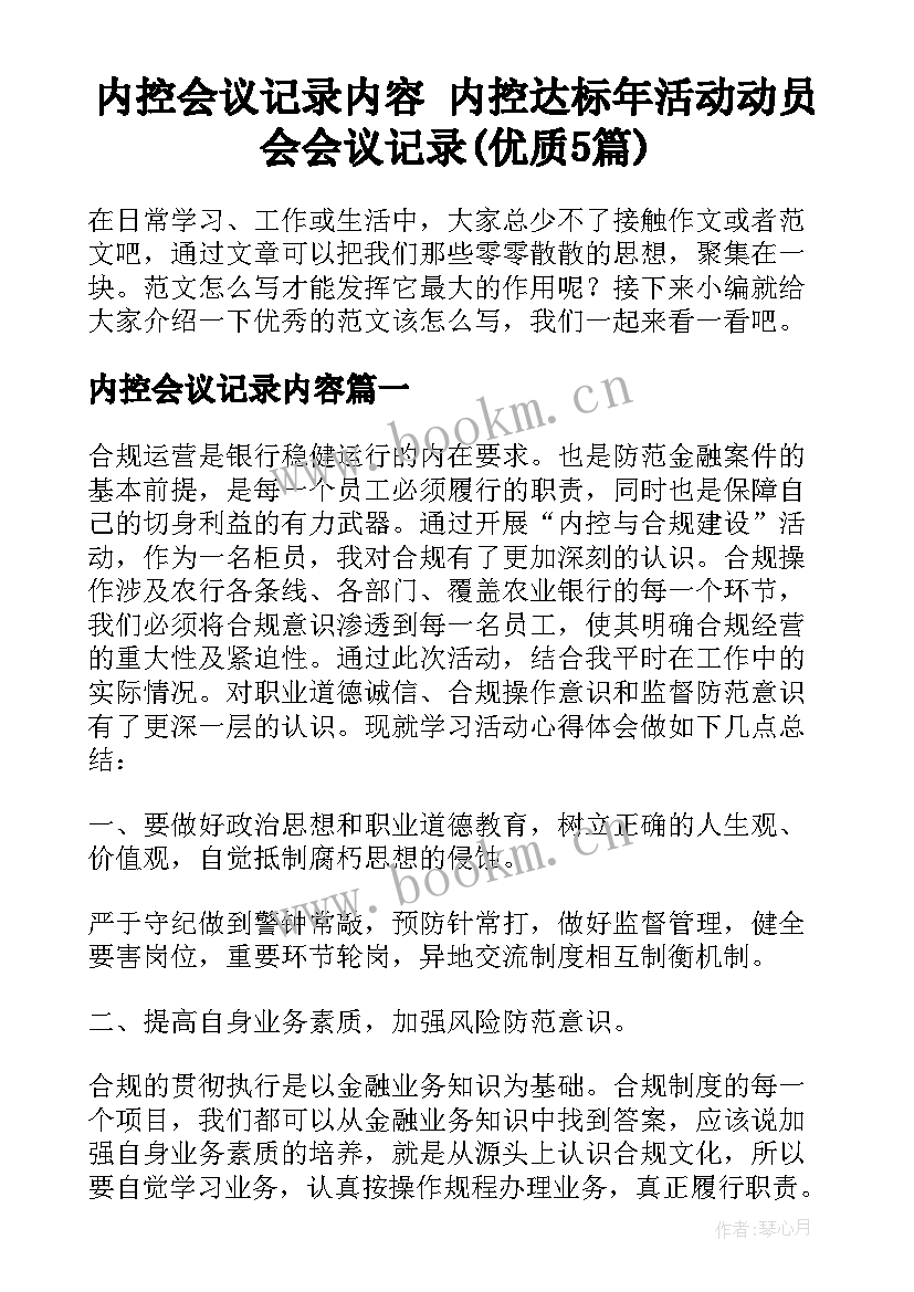 内控会议记录内容 内控达标年活动动员会会议记录(优质5篇)