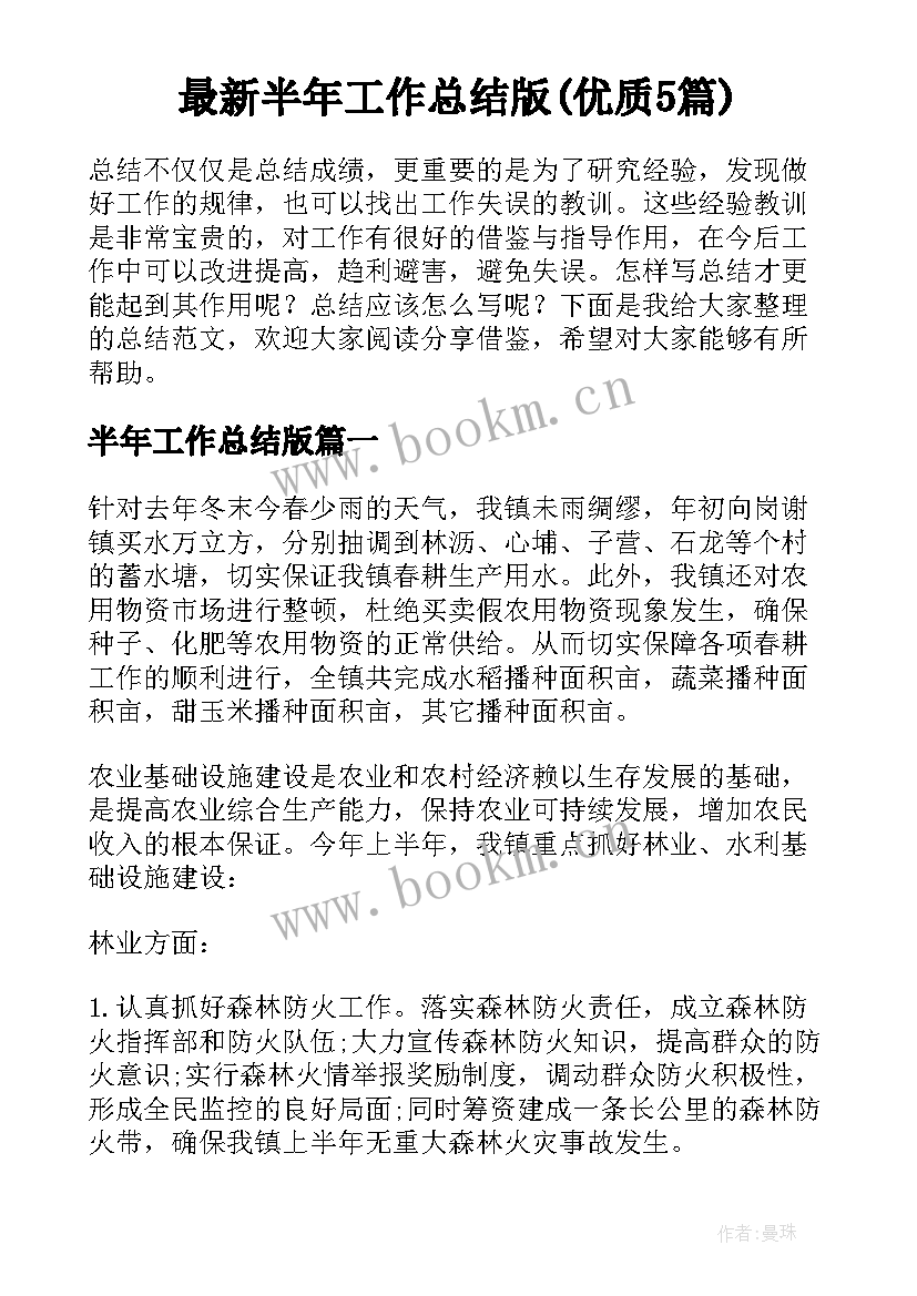 最新半年工作总结版(优质5篇)