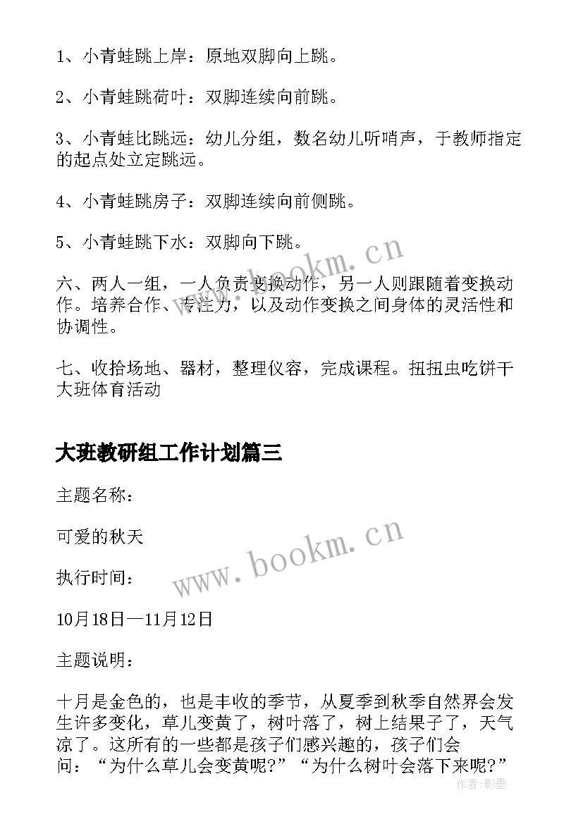 大班教研组工作计划 幼儿园大班幼儿健康活动计划(通用8篇)