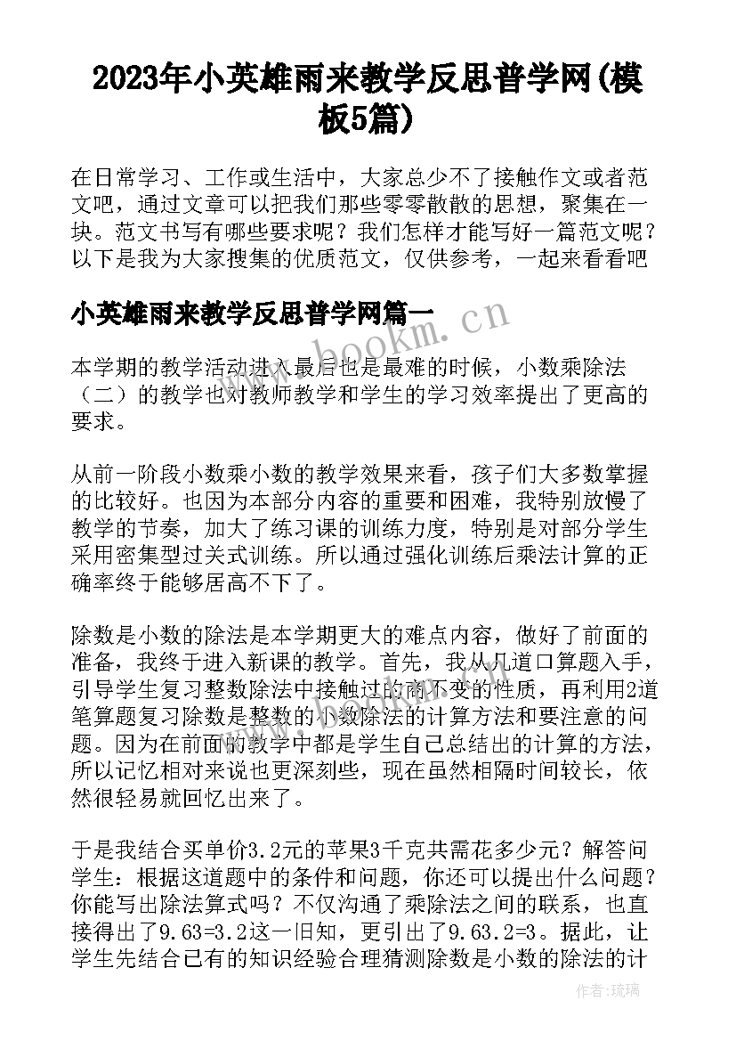 2023年小英雄雨来教学反思普学网(模板5篇)