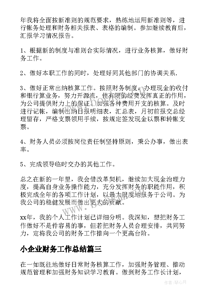 2023年小企业财务工作总结 公司财务工作计划(实用6篇)