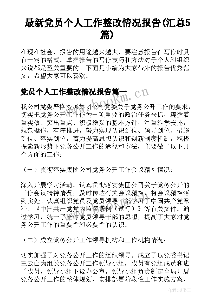 最新党员个人工作整改情况报告(汇总5篇)