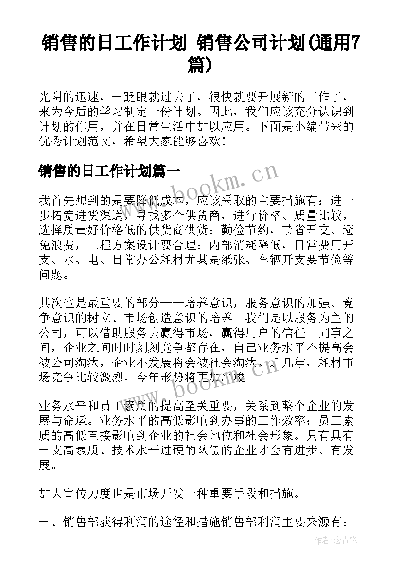 销售的日工作计划 销售公司计划(通用7篇)