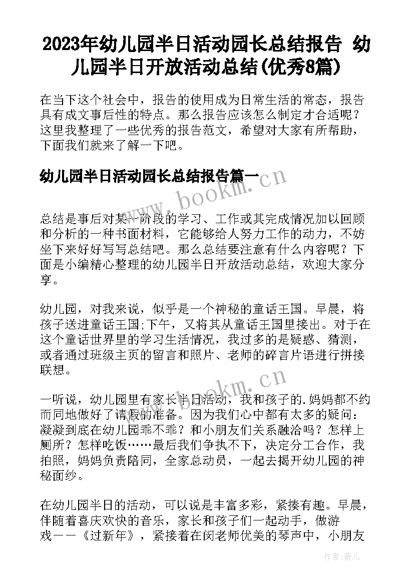 2023年幼儿园半日活动园长总结报告 幼儿园半日开放活动总结(优秀8篇)