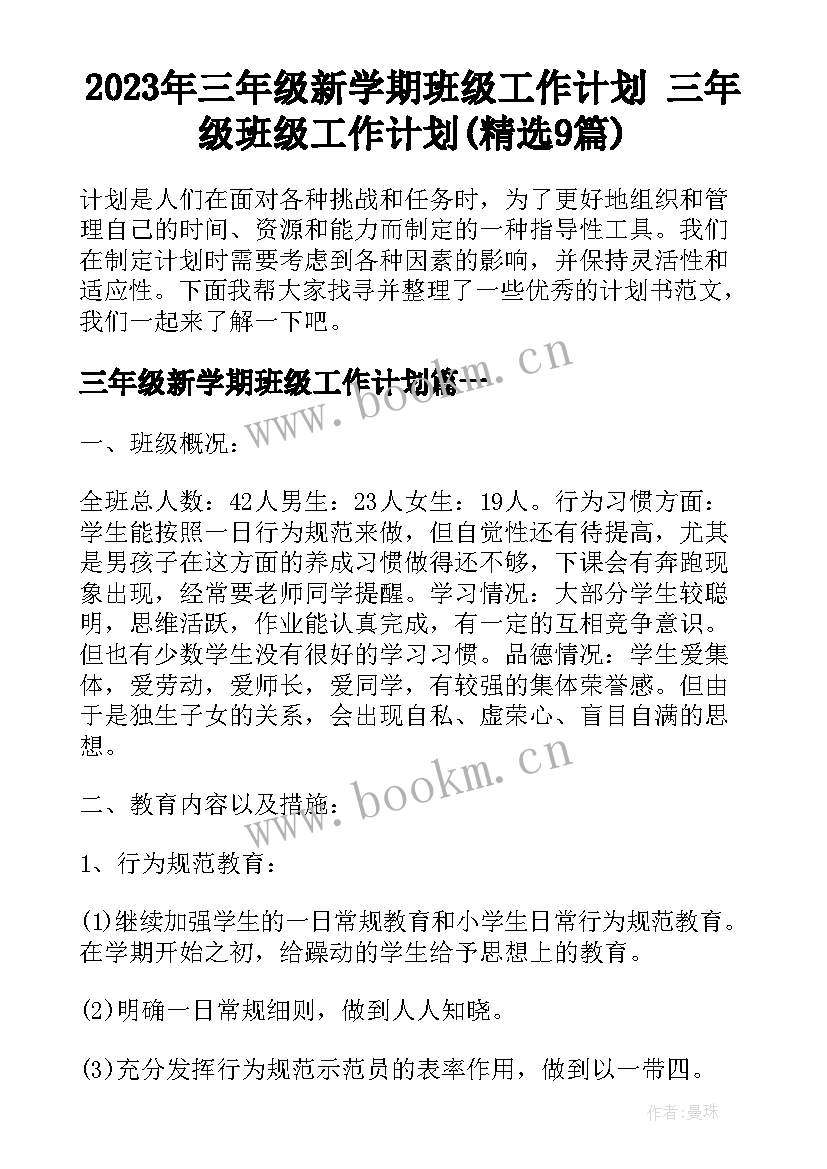 2023年三年级新学期班级工作计划 三年级班级工作计划(精选9篇)