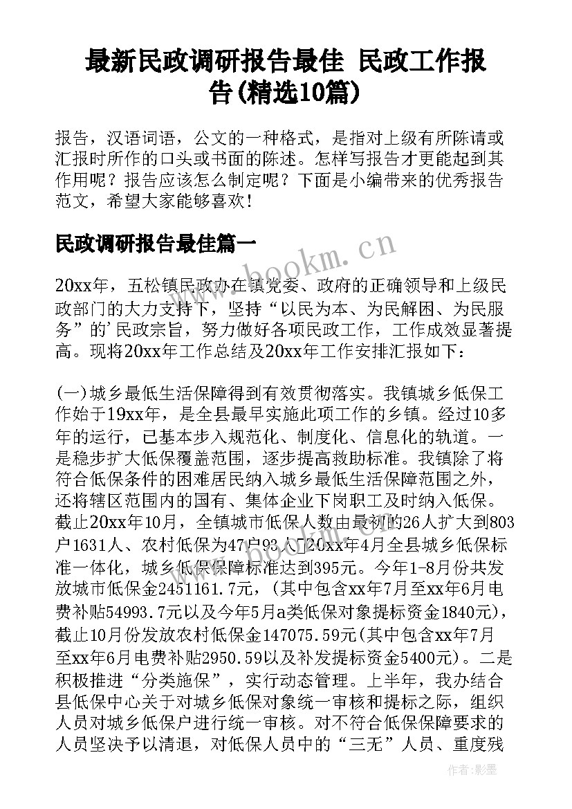 最新民政调研报告最佳 民政工作报告(精选10篇)