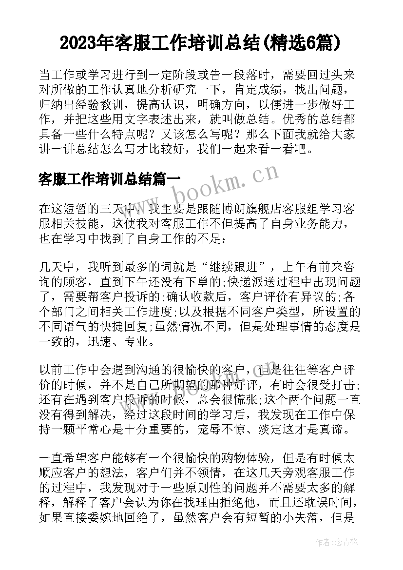 2023年客服工作培训总结(精选6篇)