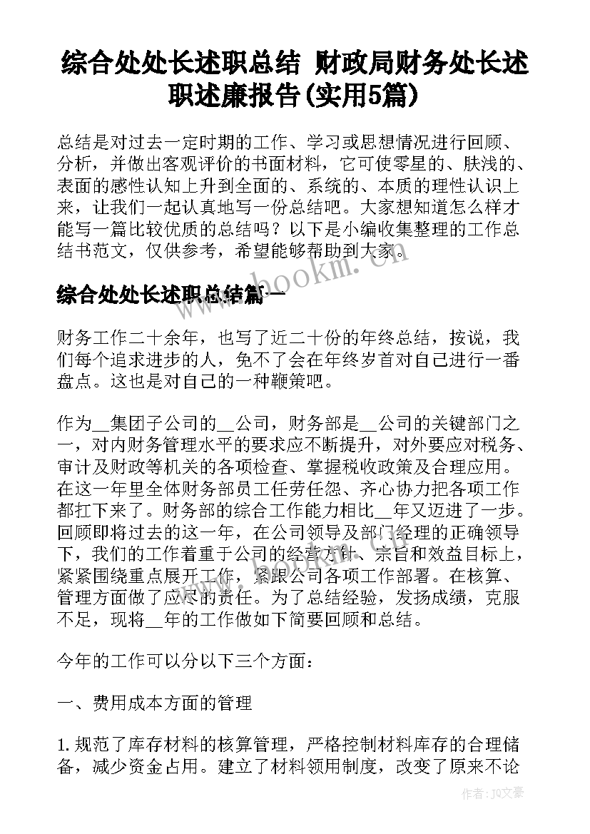 综合处处长述职总结 财政局财务处长述职述廉报告(实用5篇)