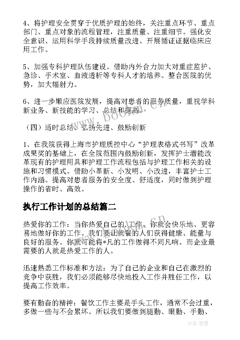 最新执行工作计划的总结 护理服务工作计划书(汇总5篇)