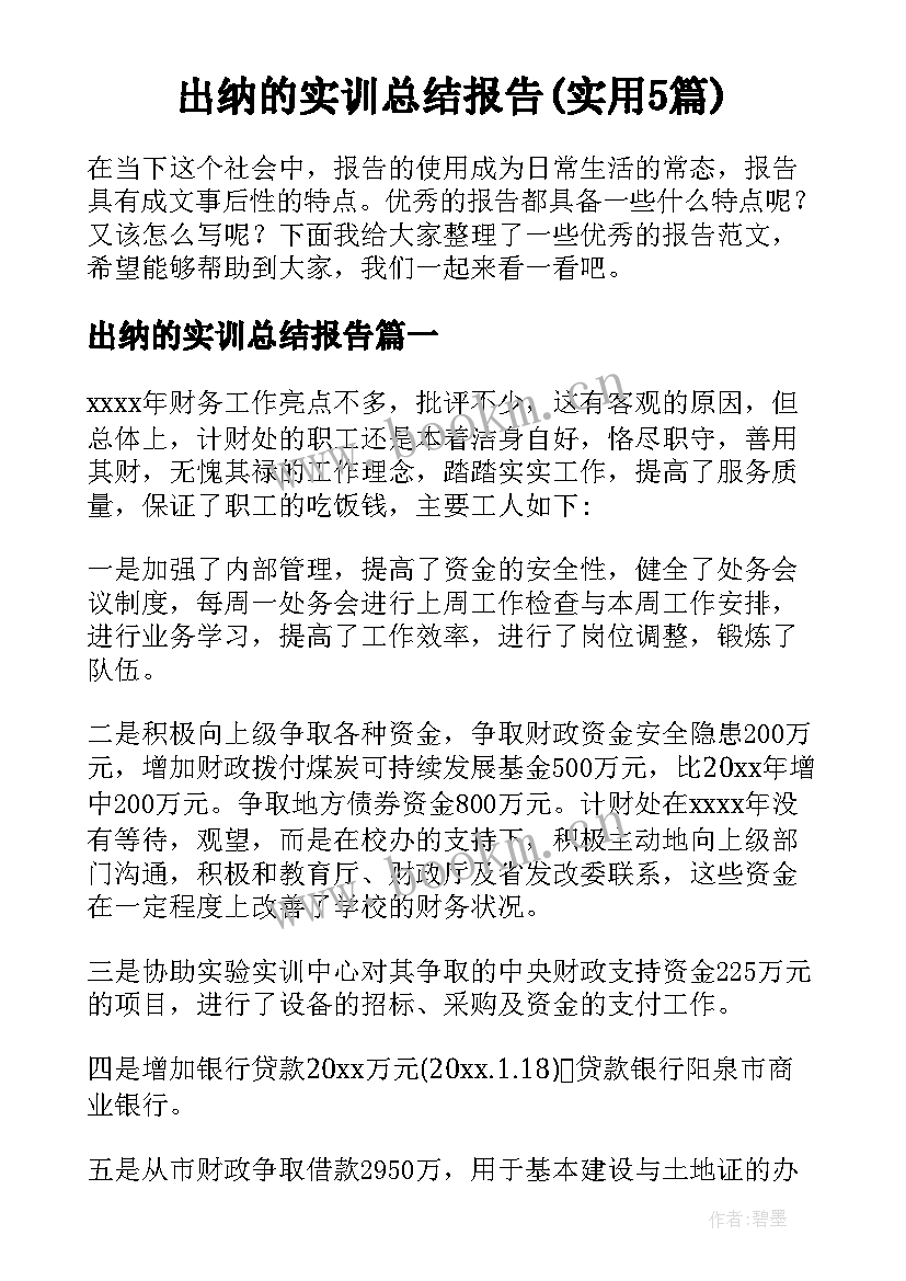 出纳的实训总结报告(实用5篇)