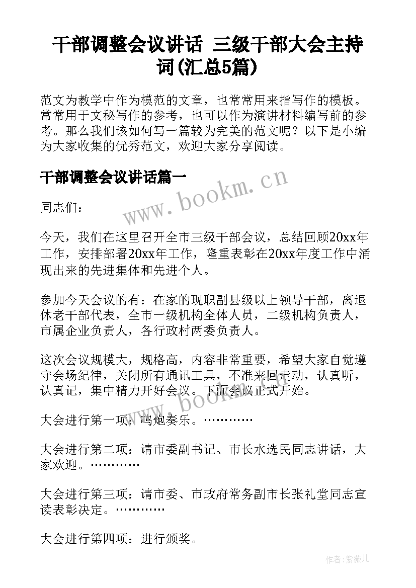 干部调整会议讲话 三级干部大会主持词(汇总5篇)