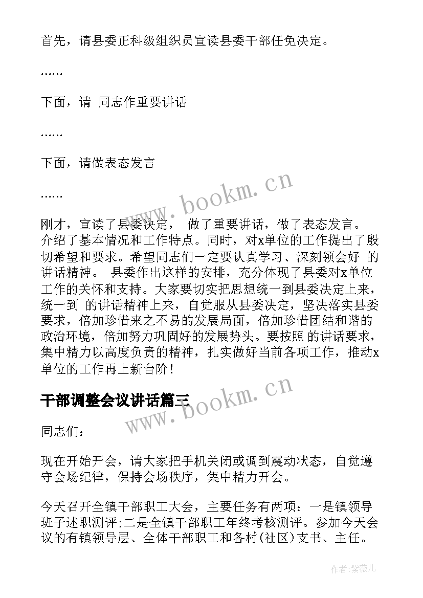 干部调整会议讲话 三级干部大会主持词(汇总5篇)