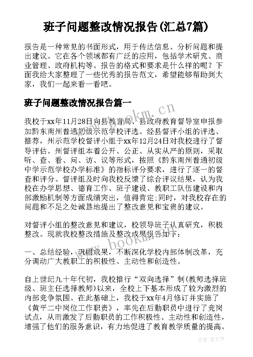 班子问题整改情况报告(汇总7篇)