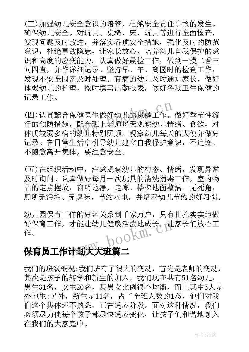 保肓员工作计划大大班 大班新学期计划(优质6篇)