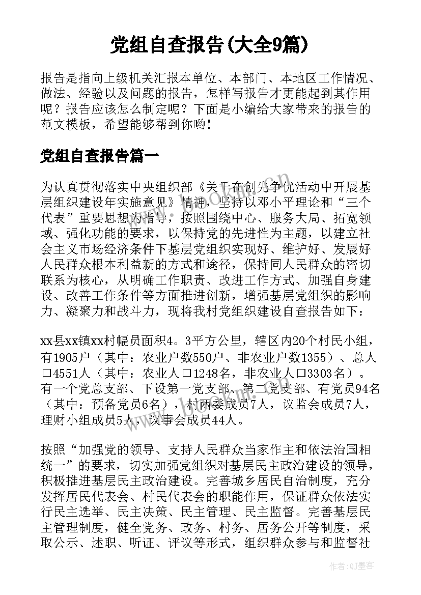 党组自查报告(大全9篇)