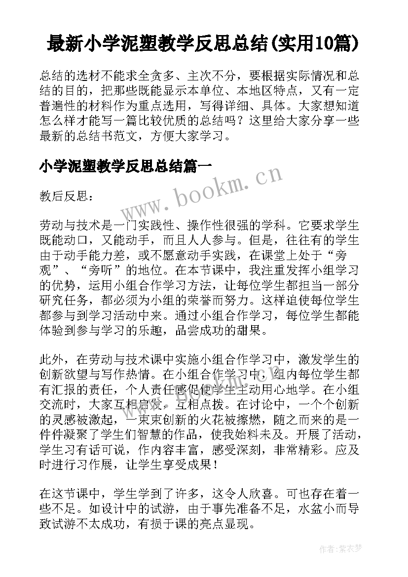 最新小学泥塑教学反思总结(实用10篇)