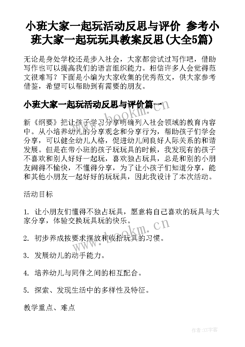 小班大家一起玩活动反思与评价 参考小班大家一起玩玩具教案反思(大全5篇)