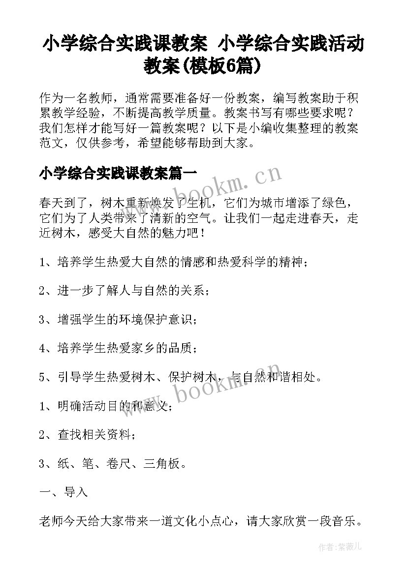 小学综合实践课教案 小学综合实践活动教案(模板6篇)