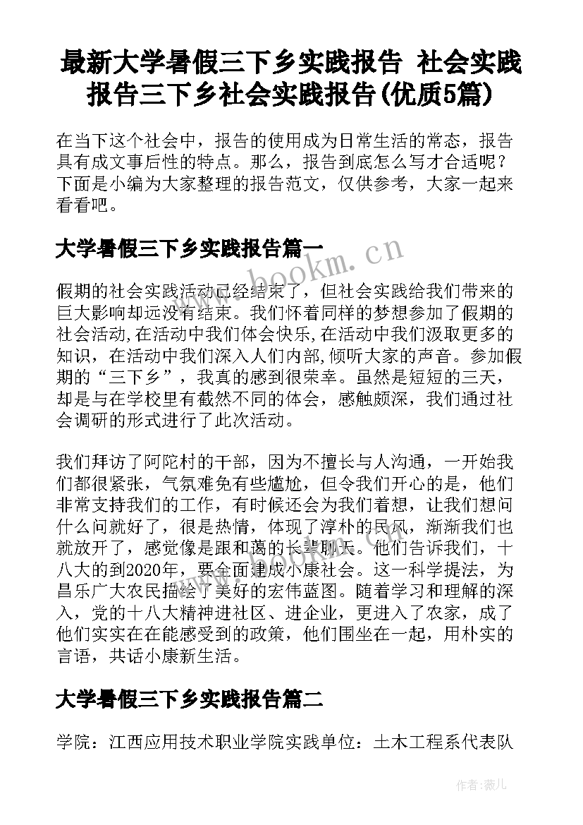 最新大学暑假三下乡实践报告 社会实践报告三下乡社会实践报告(优质5篇)