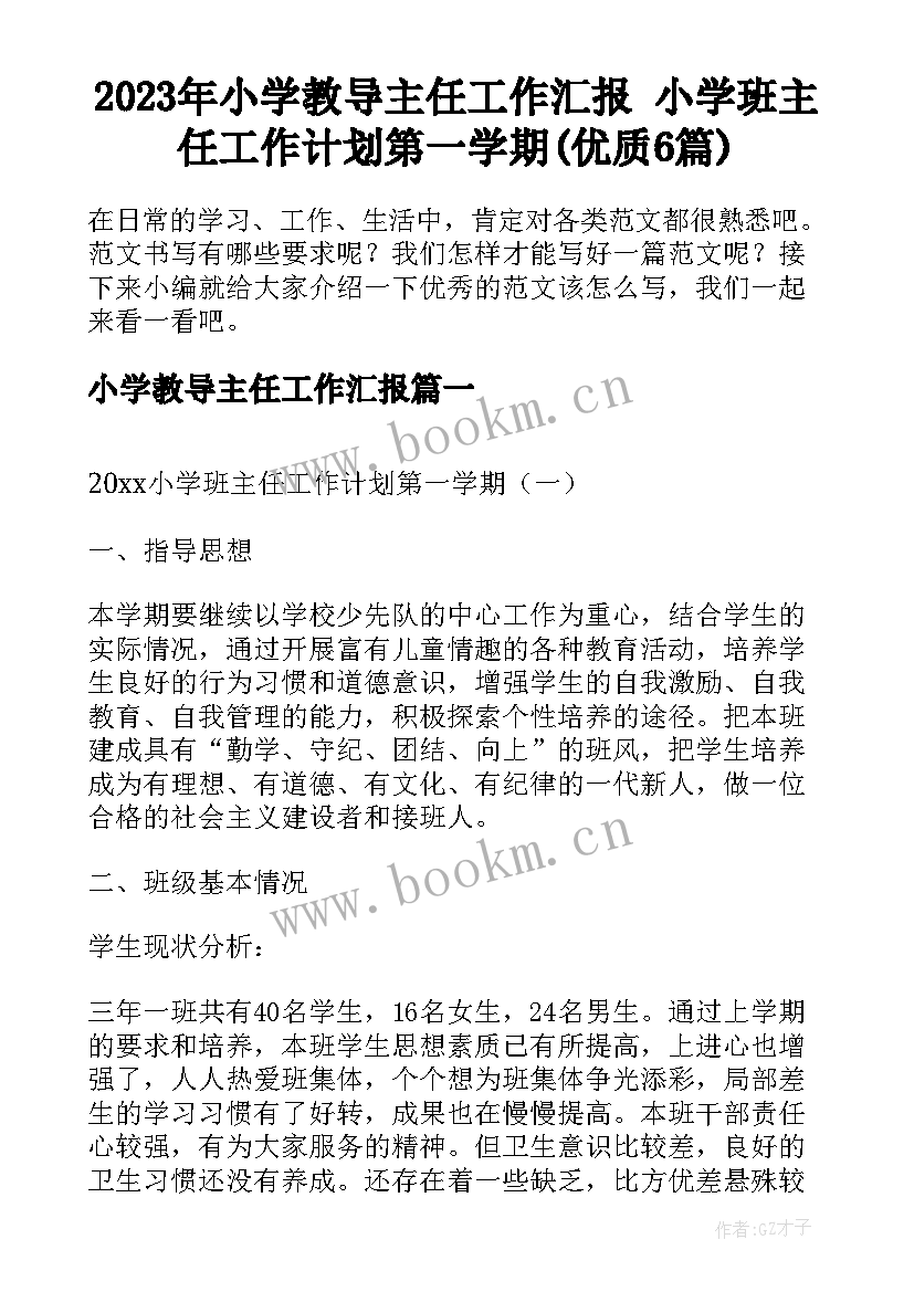 2023年小学教导主任工作汇报 小学班主任工作计划第一学期(优质6篇)