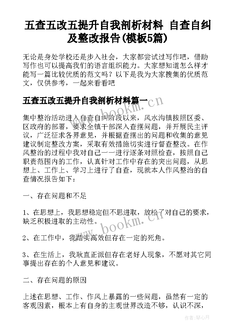 五查五改五提升自我剖析材料 自查自纠及整改报告(模板5篇)